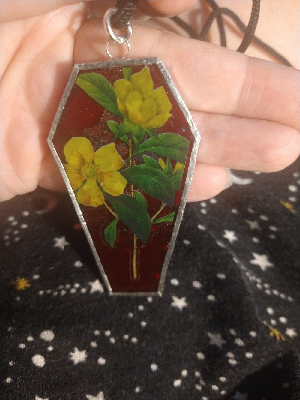 Red Stained Glass Coffin Pendant with Yellow Flower- Gothic Gargoyle